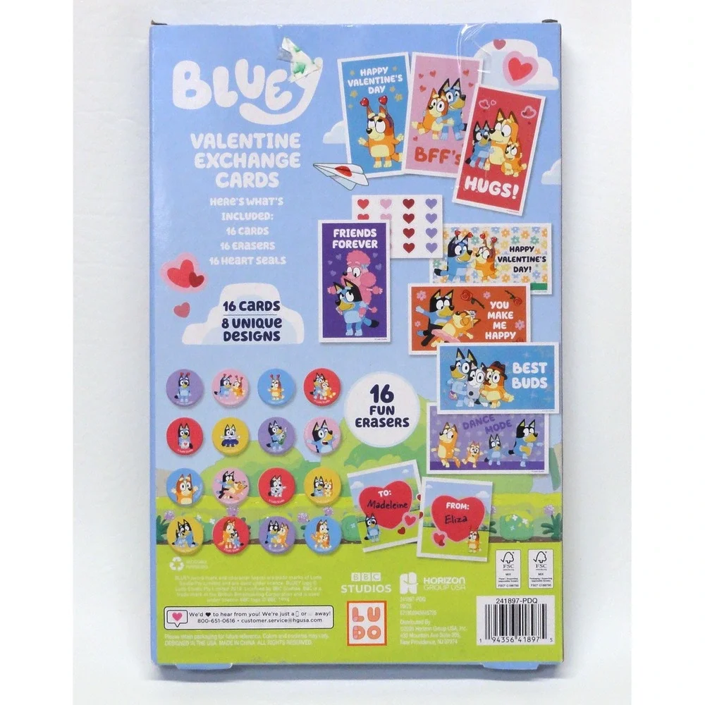 Bluey Dog and Friends 16 Valentine Day Exchange Cards And Fun Erasers Lot of 2